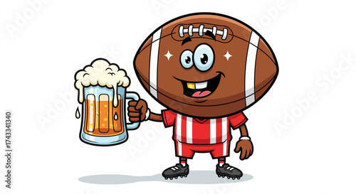 Humorous American football cartoon character enjoying a beer on white background