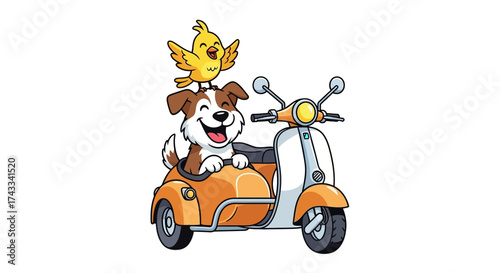 Cartoon dog and bird riding on a scooter with sidecar enjoying the adventure of the ride together