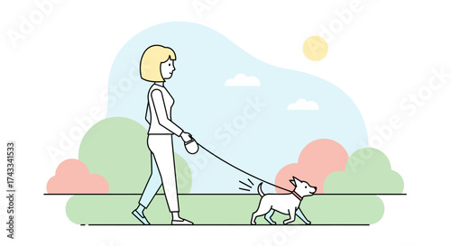 A woman enjoying a leisurely walk with her dog in a vibrant outdoor environment full of nature and