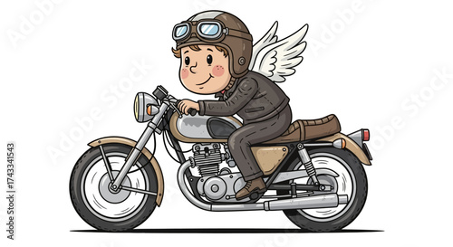 Whimsical cartoon illustration of a boy with angel wings riding a classic motorcycle