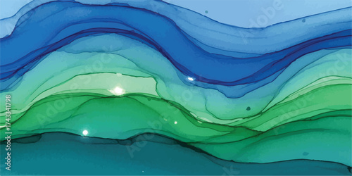 Abstract Green and Teal Landscape Art Depicting Rolling Hills and Tranquil Waters Serene Nature Scene