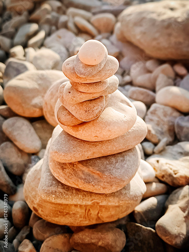 Tower of sea pebbles on the seashore. Calm background, vertical photo.