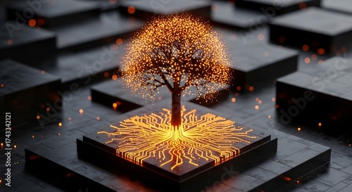 Modern digital tree with glowing roots for technology concept design