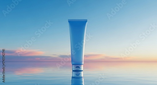 Elegant blue skincare tube on serene water for calming spa promotions