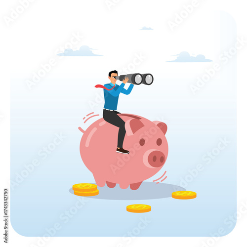 Financial future concept. Businessman climbs onto piggy bank and looks through binoculars.
