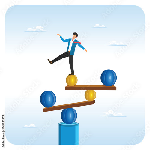 Work life balance concept. Businessman balancing on a coin board.
