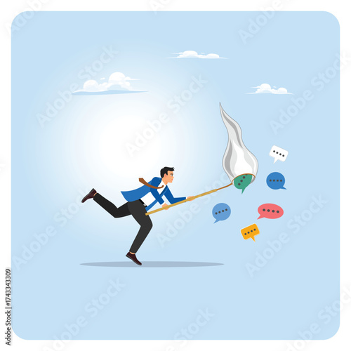 Meeting summary collection concept. Businessman running holding a net.
