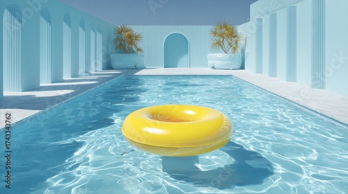 A yellow inner tube floats in a clear blue indoor pool surrounded by white columns and potted plants.