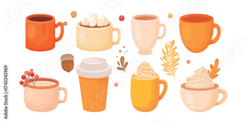 Collection of pumpkin spice seasonal flavored products, food and drinks isolated on white background. Bundle of autumn delicious sweet desserts or pastry. Modern colorful vector illustration
