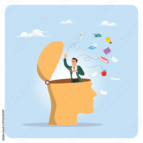 Unlearn concept. Businessman forget wrong information or knowledge.