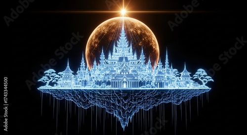 Majestic floating island city illuminated by celestial glow of planet