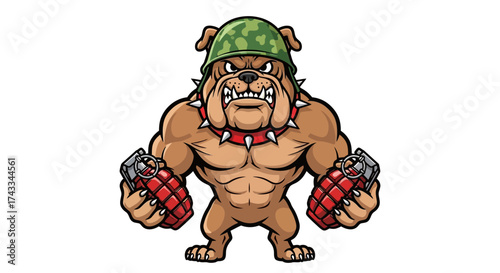 Aggressive Bulldog Cartoon Character Ready for Battle Holding Grenades menacingly and wearing