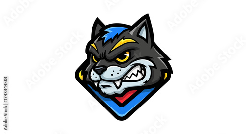 Aggressive wolf mascot logo with menacing expression and sharp teeth design concept