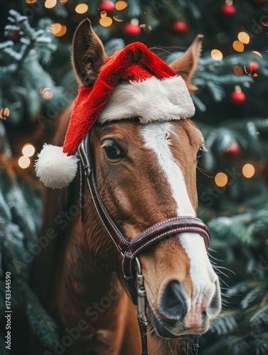 A horse wearing a Santa Claus hat against a Christmas tree.