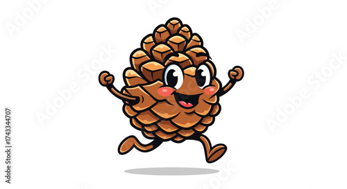 Cartoon pine cone character running happily on a white background displaying joyfulness