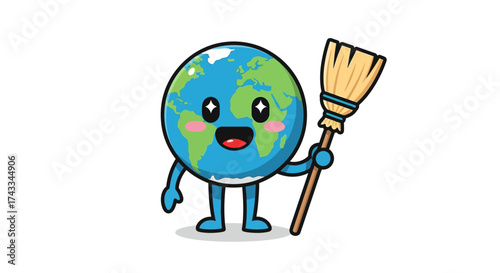 Cute Cartoon Earth Character Cleaning with a Broom Promoting Environmental Awareness