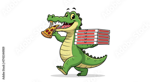 Cartoon Alligator Enjoying Pizza While Delivering Multiple Boxes on White Background