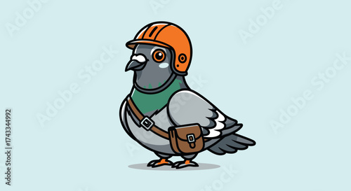 Cartoon Pigeon Wearing a Helmet and Carrying a Bag Delivery Service Concept Vector Illustration