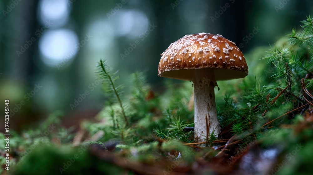 Fototapeta premium A brown-capped mushroom with white spots grows among green moss and pine needles in a forest setting.
