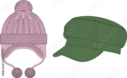 Winter knit hat, pink earflap beanie, pom-pom tassels, cable texture, green military cap, ribbed brim, outdoor fashion, headwear