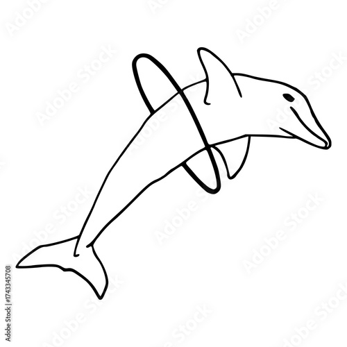 playful dolphin jumping through hoop line art drawing