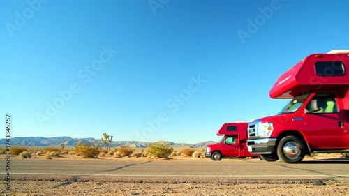 Red RV on Desert Highway: An American Road Trip