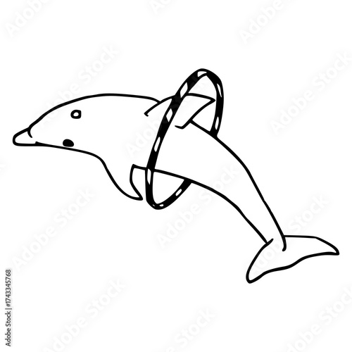 playful dolphin jumping through hoop line art drawing