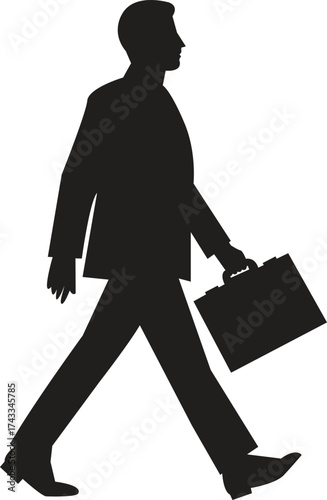 Silhouette of a businessman walking with briefcase, ideal for corporate themes, career concepts. professional lifestyle, office work, leadership, business travel, and modern workplace visuals.