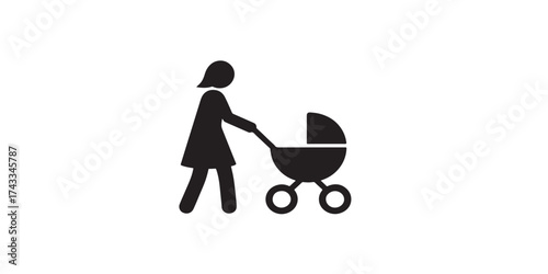  woman pushing baby stroller icon, motherhood and parenting vector, minimal black silhouette design