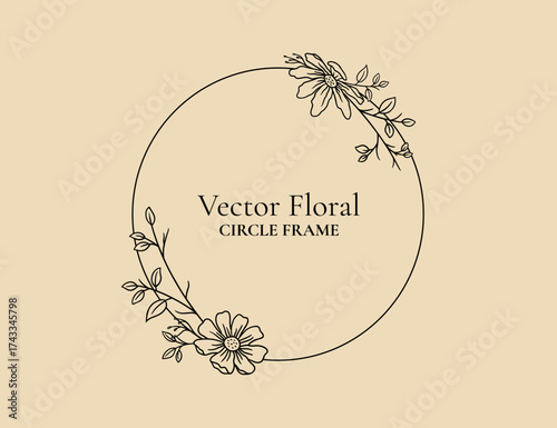 Elegant neutral floral frame with hand drawn delicate flowers and leaves. Vector illustration in line art style for wedding invitation, card, save the date, packaging, greeting card design