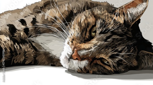 A detailed illustration of a sleeping tabby cat with closed eyes and visible whiskers, lying on a plain surface.