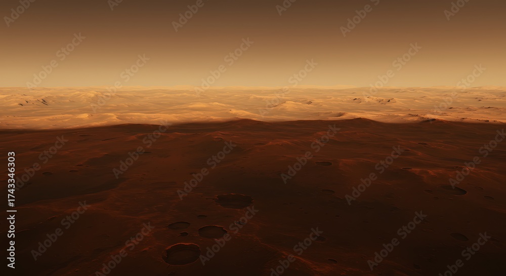 Naklejka premium Panoramic view of a reddish planet surface and atmospheric haze