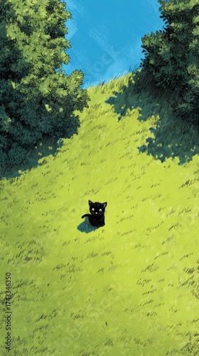 A black cat sitting on a grassy hill surrounded by trees under a clear blue sky