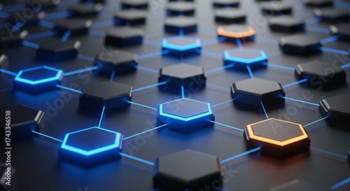 Modern blockchain network connection glowing nodes for tech solutions