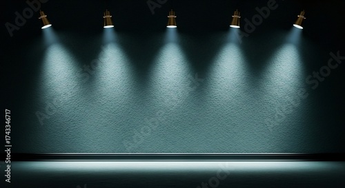 Dramatic textured wall bathed in five spotlights creates moody backdrop
