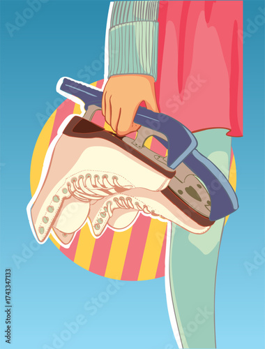 Skates in a girl's hand. Vector illustration.
