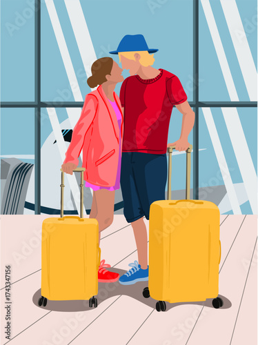 A couple with suitcases. People traveling. Vector illustration.