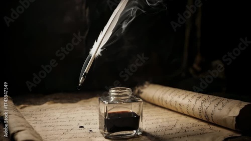 Feather Quill Resting in Inkwell on Parchment Paper with Smoke Against Dark Background in Low Key Lighting