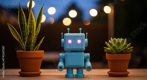 Charming blue robot and plants create a playful modern tech lifestyle