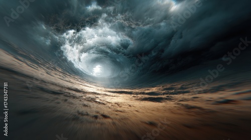 Dramatic sky with swirling dark clouds and a bright center, viewed from a low angle over a sandy surface