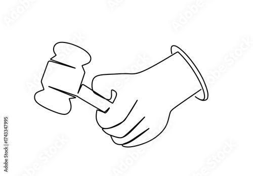 continuous line art of a hand holding a judge's gavel. concept of justice