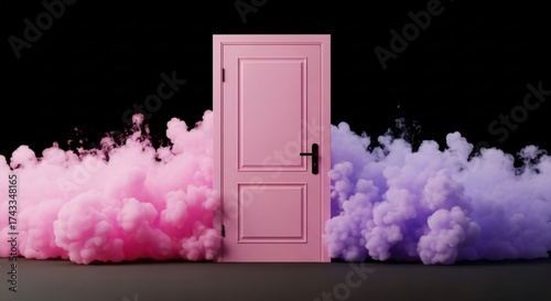 Step into a dream with a pink door amidst pink and purple smoke