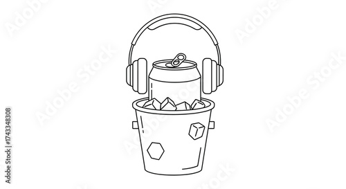 Minimalist Line Art Illustration Featuring a Refreshing Drink with Music Headphones and Ice