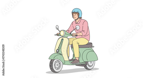 Illustration of a cheerful man riding a classic light green scooter with helmet on a white