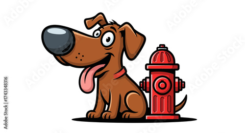Cartoon dog sitting near a red fire hydrant with a funny and playful expression displayed