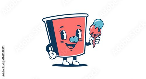 Cute cartoon soda cup character with ice cream, evoking nostalgia and summertime fun