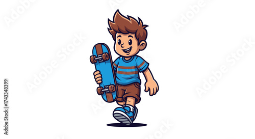 Cartoon Illustration of a Happy Boy Holding a Skateboard Ready for Fun and Adventure