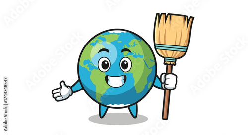 Cartoon Earth character promoting environmental cleaning and sustainability initiatives