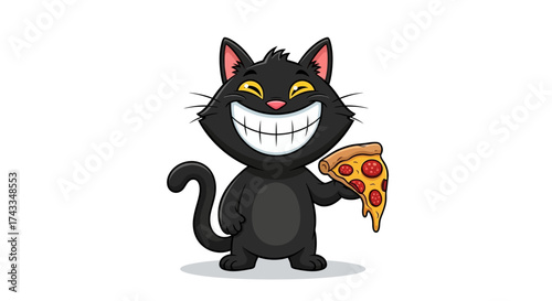 Humorous cartoon of a grinning black cat cheerfully holding a delicious slice of pizza