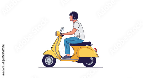 Illustration of a man riding a classic yellow scooter with helmet on a white background